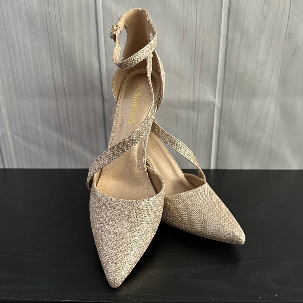 DREAM PAIRS Women's Gold Glitter High Heel Pointed Toe Stiletto Ankle Strap